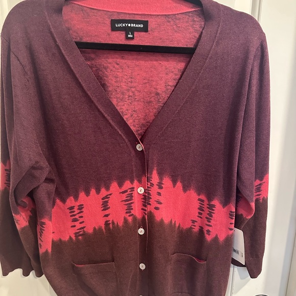 NWT Lucky Brand Women's V-Neck Ombre Button Down Cardigan - Burgundy and Coral - Picture 5 of 8